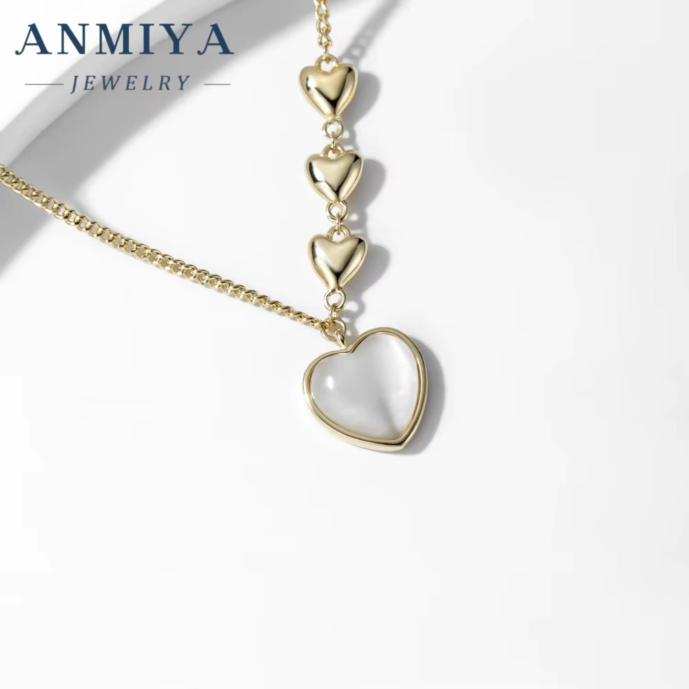 ANMIYA Fashion 925 Sterling Silver Necklace Chalcedony Heart Pendant 18K Gold Heart Pendant Stylish Jewelry Weddings Engagements