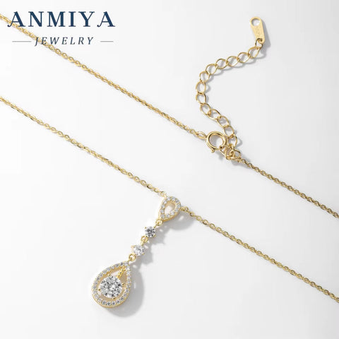 ANMIYA Original 925 Sterling Silver Long Tassel Pear Shape CZ Chain Necklace for Women Wedding Party Jewelry