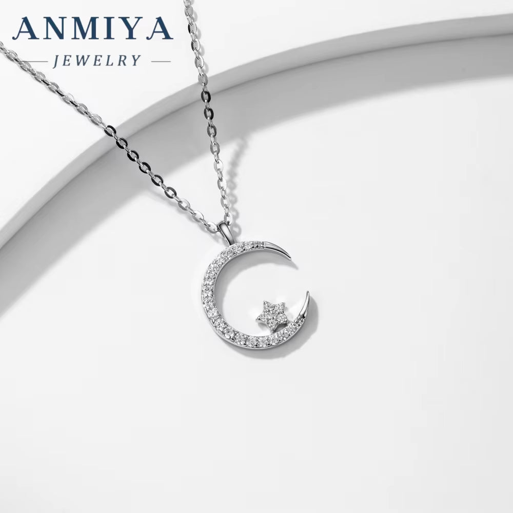 Wholesale S925 Sterling Silver Crescent Moon Star Pendant Necklace for Women Cute Style with Cubic Zirconia