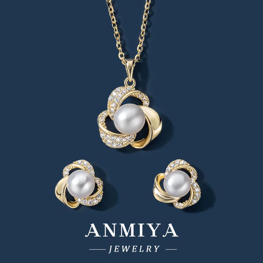 ANMIYA 925 Silver Earrings Jewelry Sets Pearl 18K Gold Plated Shell Pearl Earrings Necklace Jewelry Set