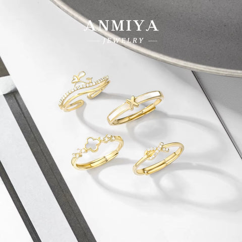 ANMIYA High Quality 925 Sterling Silver 18K Gold Plated Cubic Zirconia Clover Ring Eternity Band Ring for Women