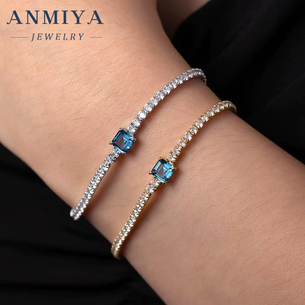 ANMIYA Jewelry 18K Gold Plated Chain Bracelet 925 Sterling Silver Blue Square Cubic Zircon Bracelet