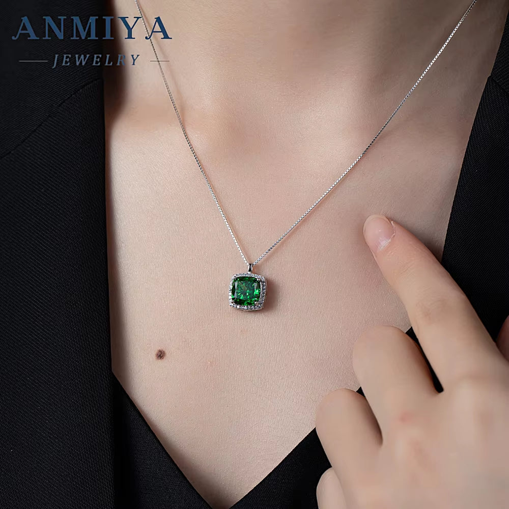 ANMIYA High Quality Green Zircon Cushion Cut Crafted 925 Sterling Silver Necklaces