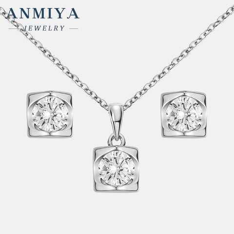 ANMIYA 2024 High Quality Square Zircon Pendant Necklace 925 Silver Zircon Crystal Earrings Necklace Set for Women