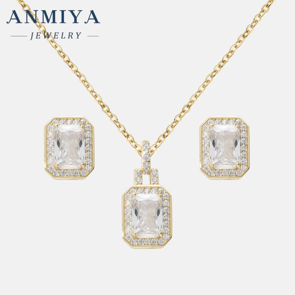 ANMIYA 2024 New Square Zircon Necklace Earrings 925 Silver 18K Gold-Plated Zircon Fashion Jewelry Necklace Set for Women