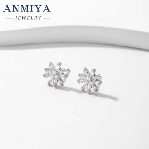 Dainty Sterling Silver Earrings Wholesale Luxury Snowflake Shape 925 Silver Sweet Earrings for Girl