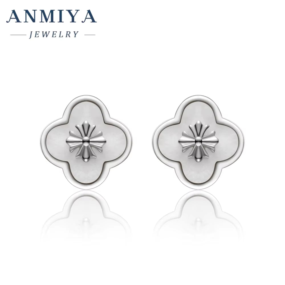European INS Style Silver Plated Shinny Four Leaf Clover Shell Pearl 925 Silver Zirconia Stud Earrings