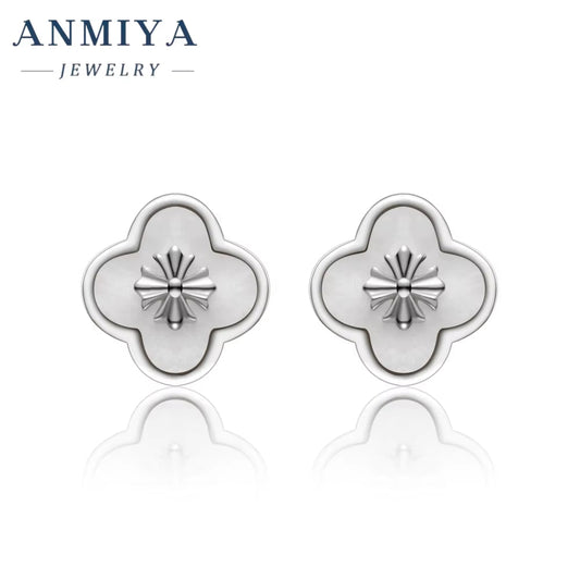 European INS Style Silver Plated Shinny Four Leaf Clover Shell Pearl 925 Silver Zirconia Stud Earrings