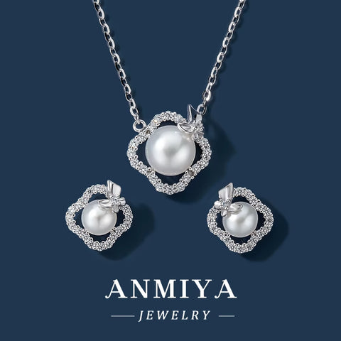 INS Trendy Fashion Four Leaf Clover Freshwater Pearl Necklace Earrings Set Stylish 925 Sterling Silver Jewelry Accessory Girls