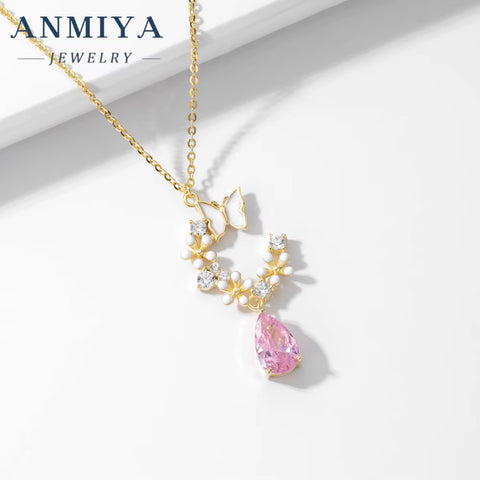 ANMIYA Best Selling Accessory Jewelry Sterling 925 Pink Zircon Water Drop Garland Earrings Set and Necklace for Gift Girls