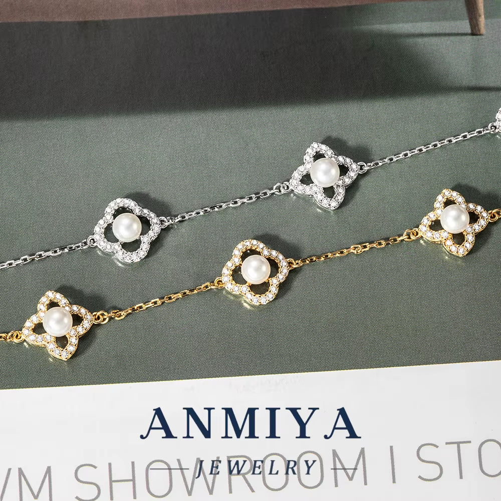 Gift Box Included Luxury Silver Jewelry Trio - Pear-Inlaid Clover Bracelet with Floral Cutouts Accents for Wedding