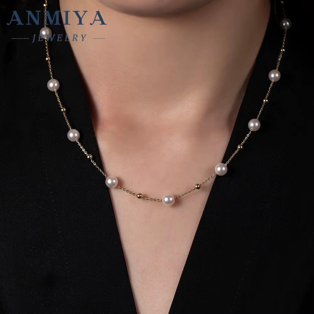 Simple 925 Silver Pearl Charms Necklace Plated Gold Jewelry Link Fresh Water Pearls Necklace for Women Anniversary Gift