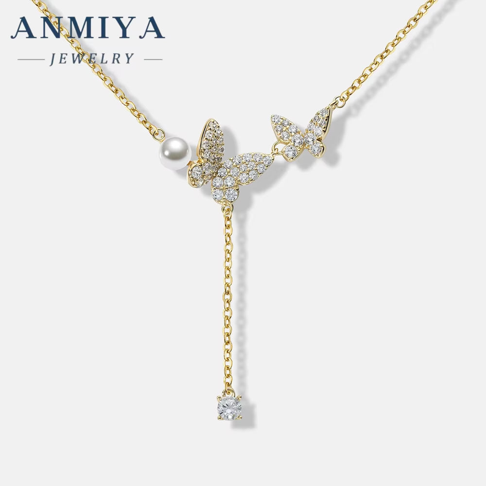 New Arrival Jewelry Natural Fresh Water Pearl Chocker Necklace Charm 18K Gold Chain Pearl Pendant Double Butterfly Necklace