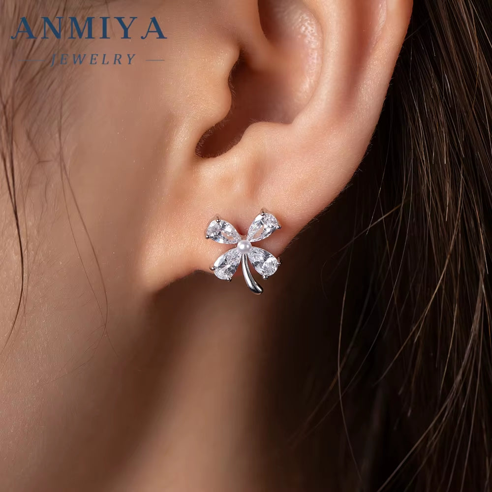ANMIYA Four Clover Flower Fine Jewelry Fashion 925 Sterling Silver Zircon Stud Earrings for Women Girl