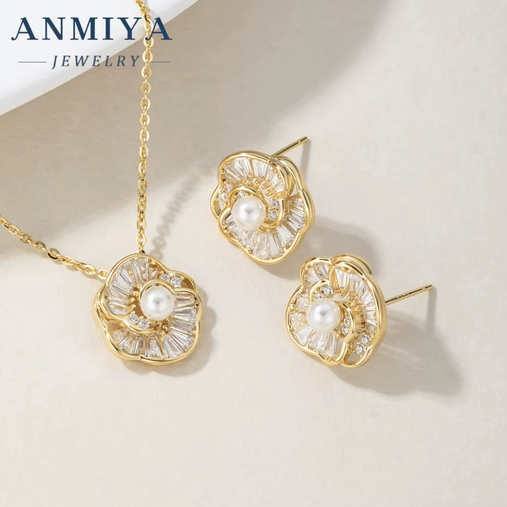 ANMIYA Customilzed 18K Gold Plated Flower Shape Fresh Water Pearls Earrings Necklace Jewelry Set for Girl