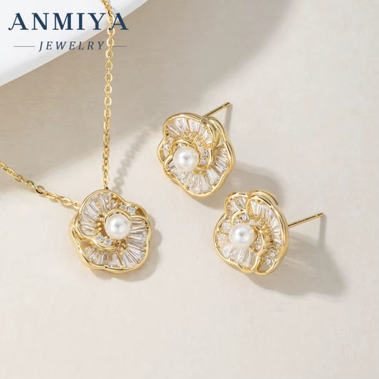 ANMIYA Customilzed 18K Gold Plated Flower Shape Fresh Water Pearls Earrings Necklace Jewelry Set for Girl