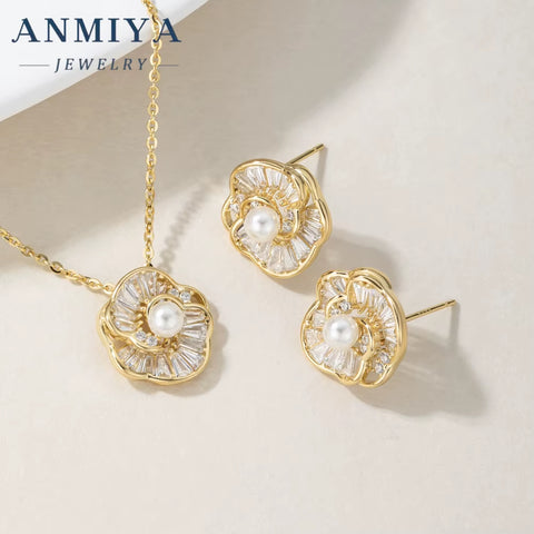 ANMIYA Customilzed 18K Gold Plated Flower Shape Fresh Water Pearls Earrings Necklace Jewelry Set for Girl