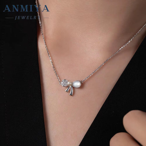 ANMIYA Trendy Jewelry Bow Necklace 925 Silver Bowknot Pendant Necklace Diamond White Shell Butterfly Necklace for Women