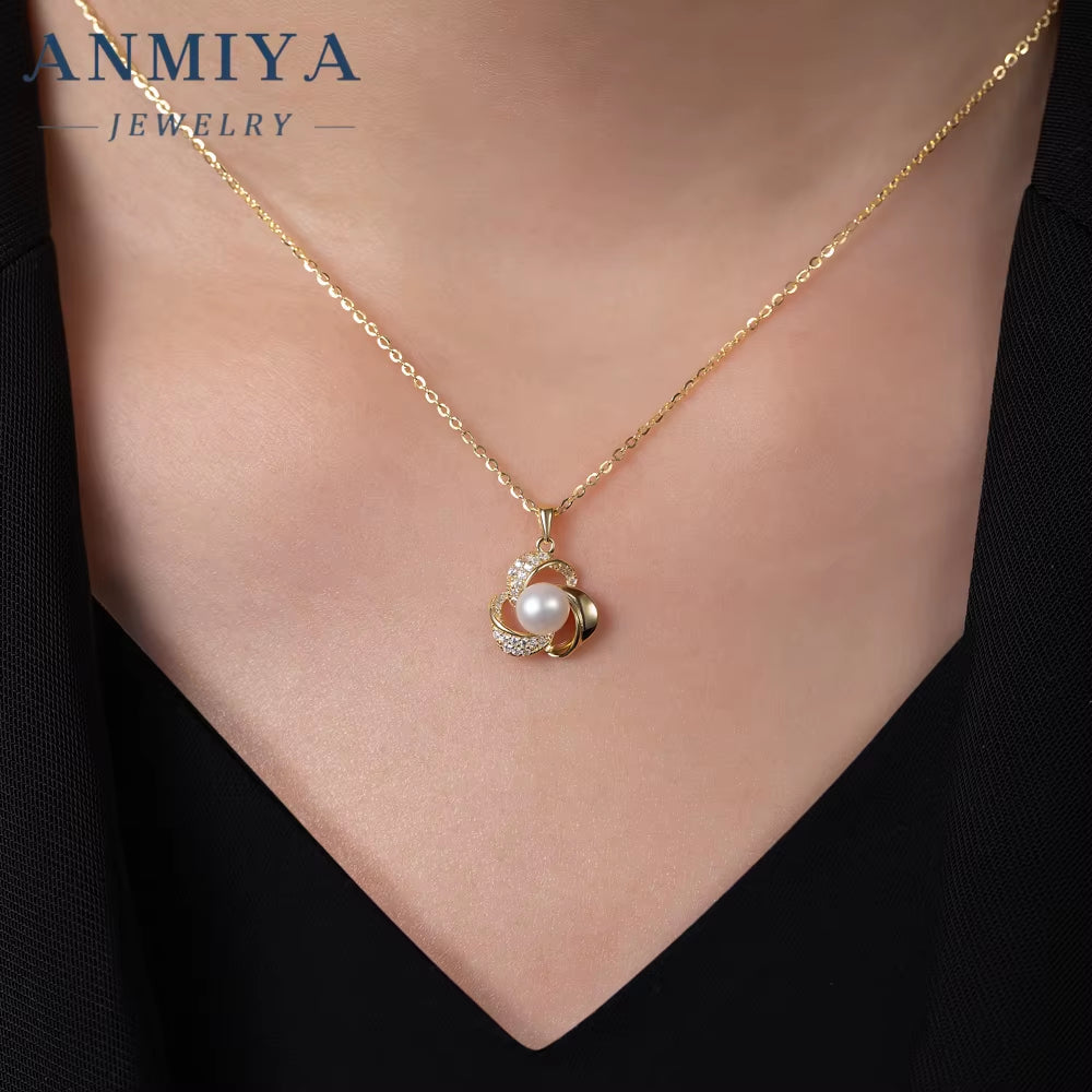 ANMIYA 925 Silver Earrings Jewelry Sets Pearl 18K Gold Plated Shell Pearl Earrings Necklace Jewelry Set