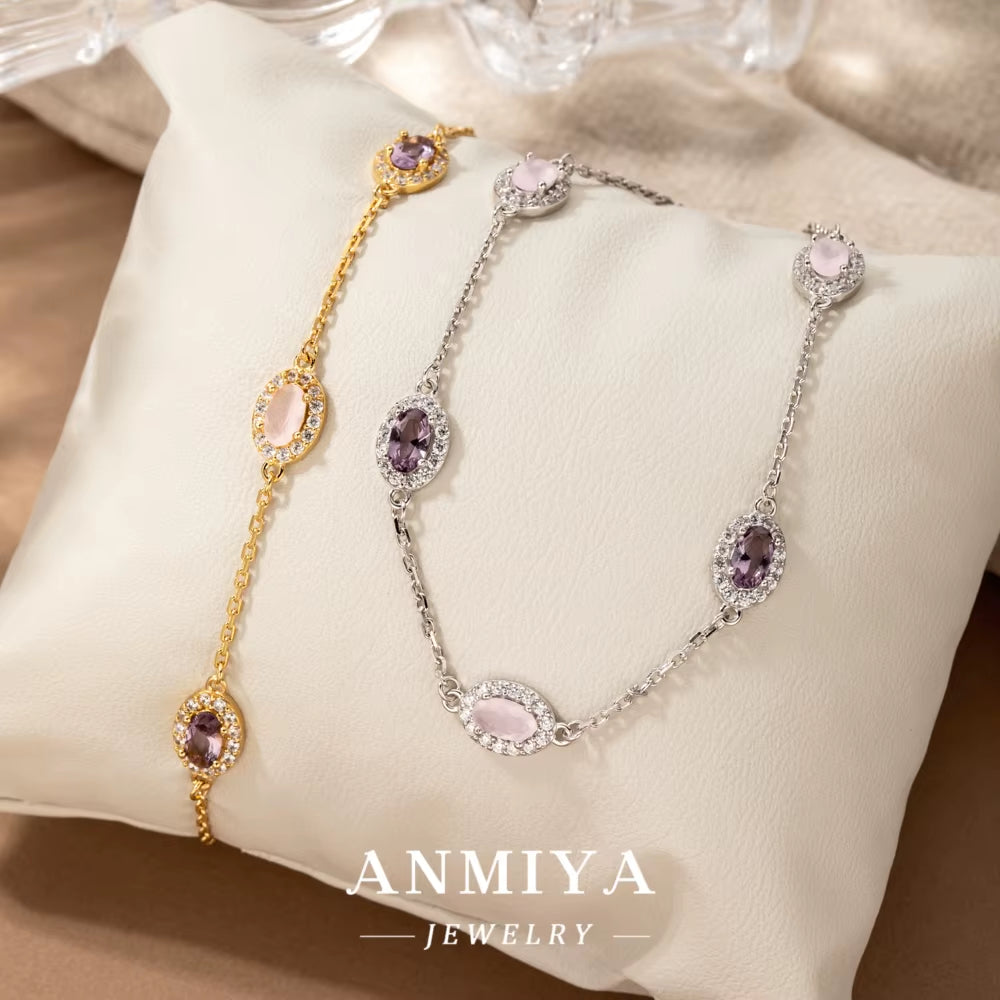 ANMIYA Custom Wholesale 925 Sterling Silver Zircon Bracelets Pink Zircon 18K Gold Link Chain Bracelets for Lovers