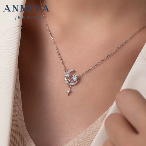Fashion Waterproof Jewelry 18K Gold Plated 925 Silver Moon and Star Necklaces for Women