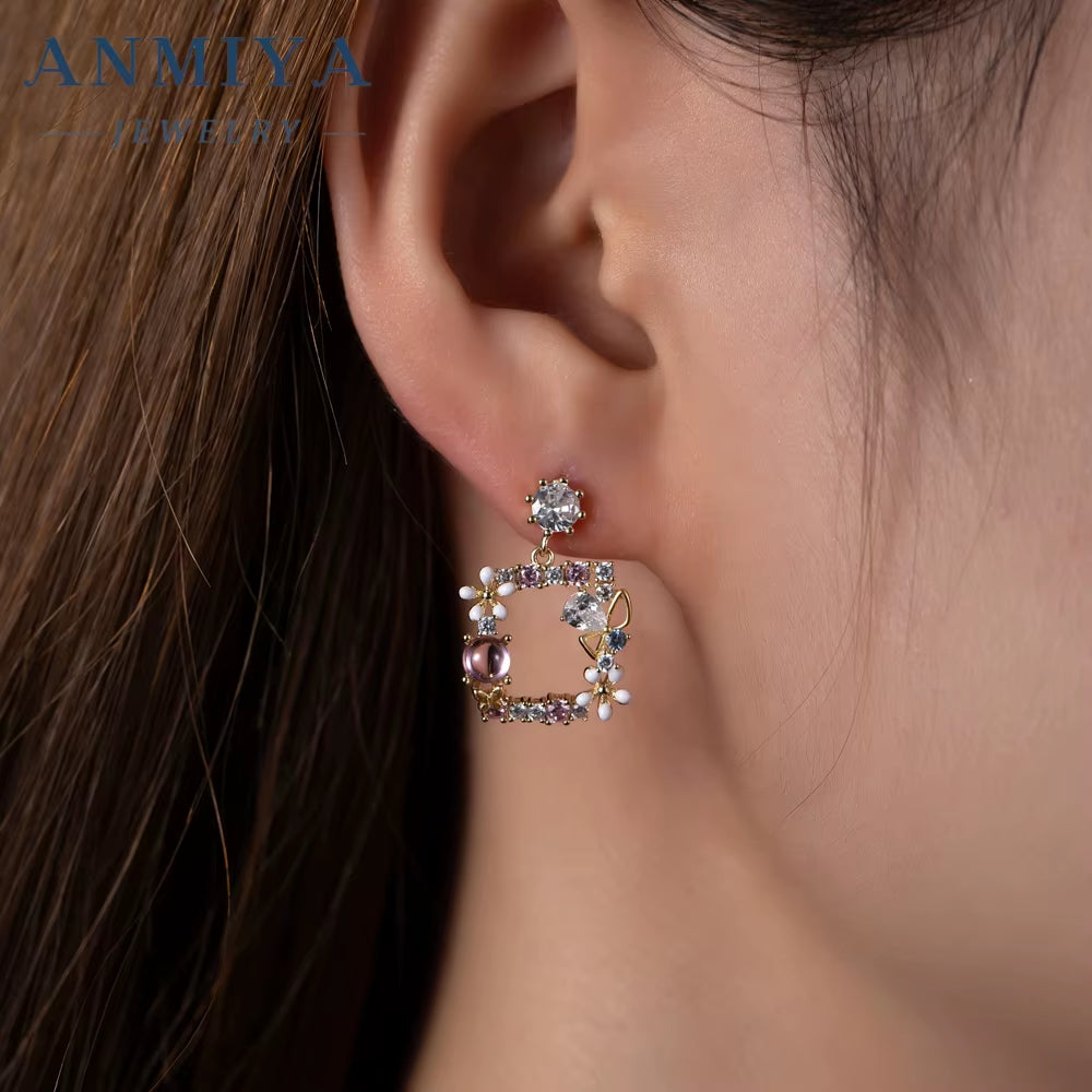 ANMIYA Fashion Earings Pink Flower Korean Butterfly Colour Fashion Sweet Flower 925 Silver Stud Earring for Women Jewelry Women