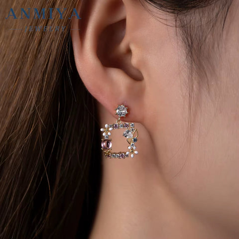 ANMIYA Fashion Earings Pink Flower Korean Butterfly Colour Fashion Sweet Flower 925 Silver Stud Earring for Women Jewelry Women