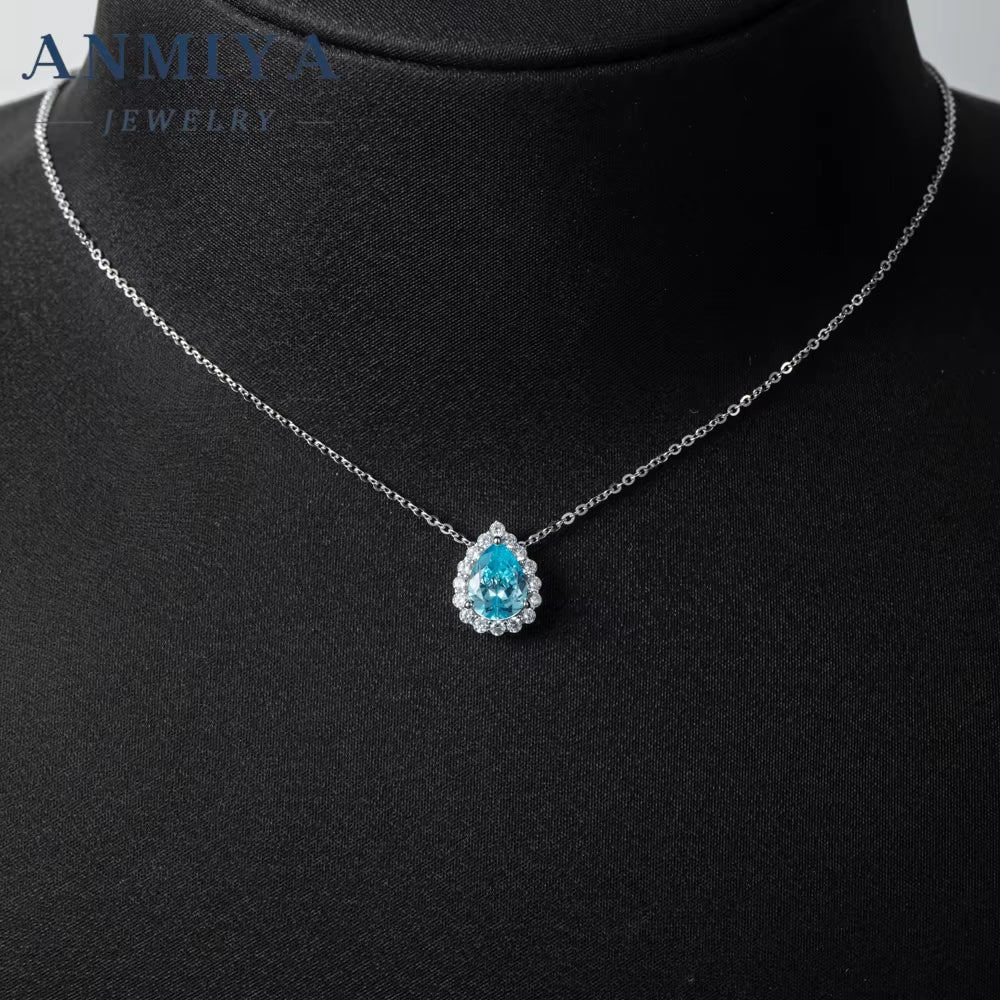 Ice Flower Pear Cut Blue Drop-Shaped Zircon High Carbon Diamond Pendant S925 Sterling Silver Necklace