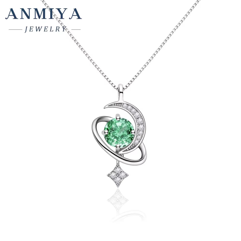 ANMIYA round Brilliant Ice Cut Green Zircon Star and Moon Star Shape Jewelry Necklace