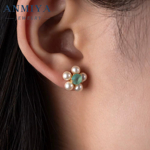 Green Pink Zircon Fresh Water Pearl 925 Silver Summer Sweet Girl Gift Earrings High Quality Unique Fine Jewelry Stud Earrings