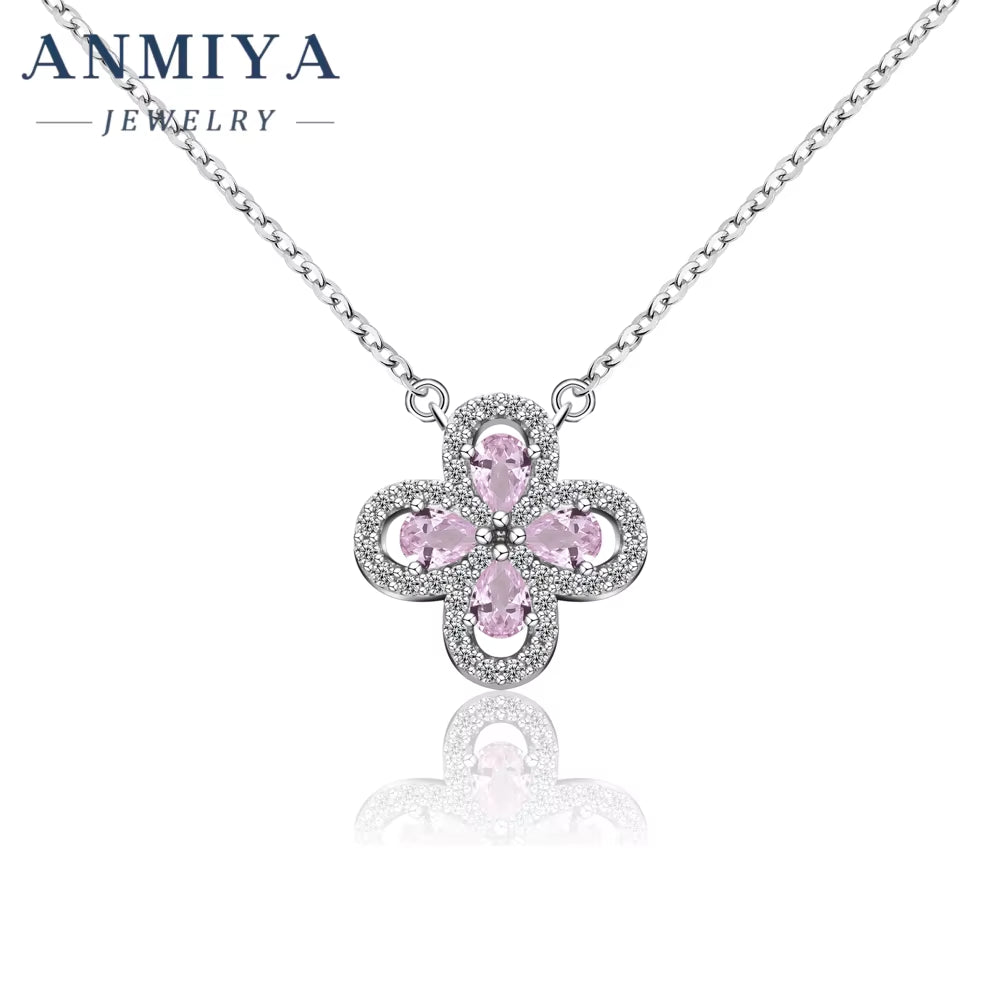 High Quality Fashion Jewelry Necklace 925 Sterling Silver Ice Flower Pear Cut Pink Four-Leaf Clover Diamond Pendant Necklace