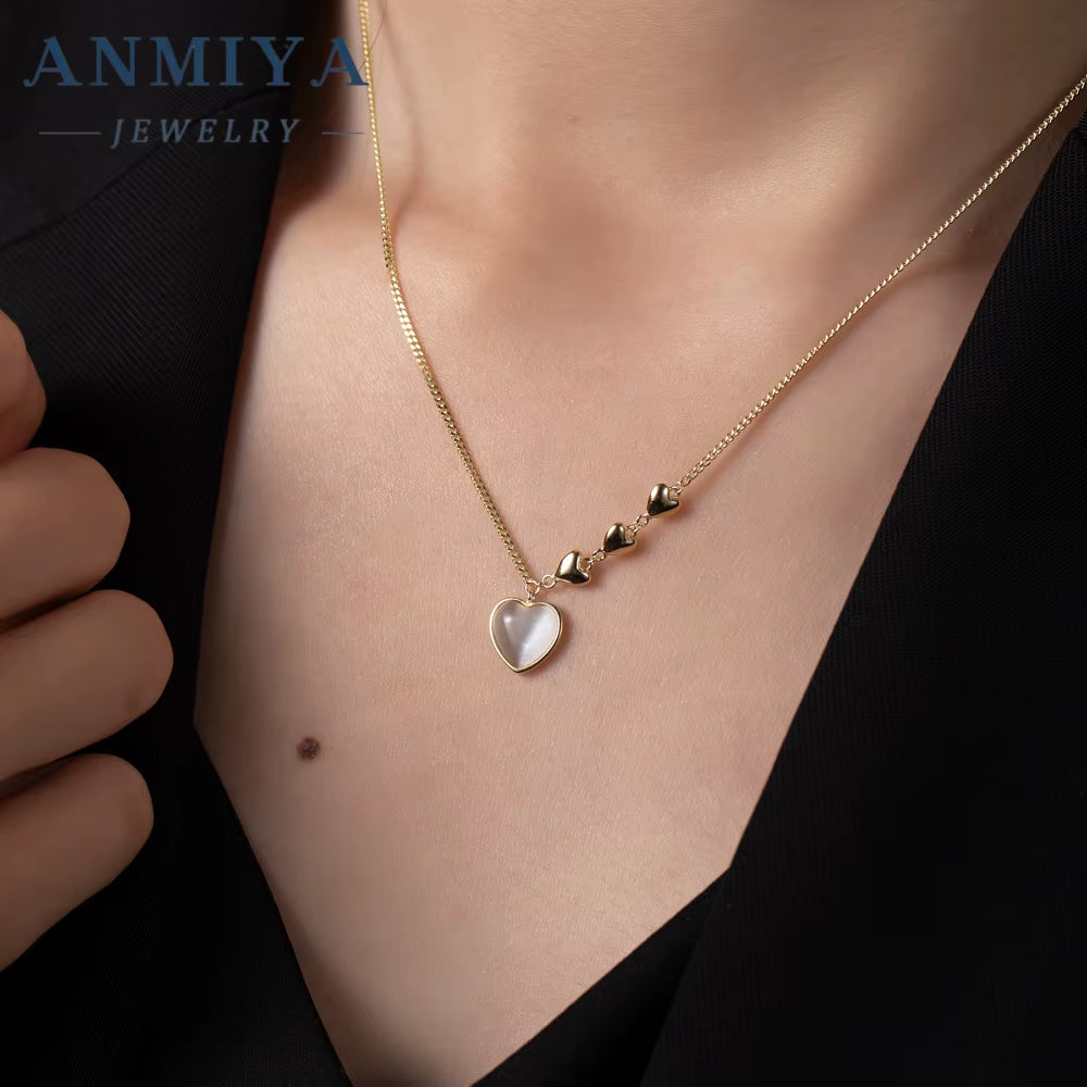 ANMIYA Fashion 925 Sterling Silver Necklace Chalcedony Heart Pendant 18K Gold Heart Pendant Stylish Jewelry Weddings Engagements