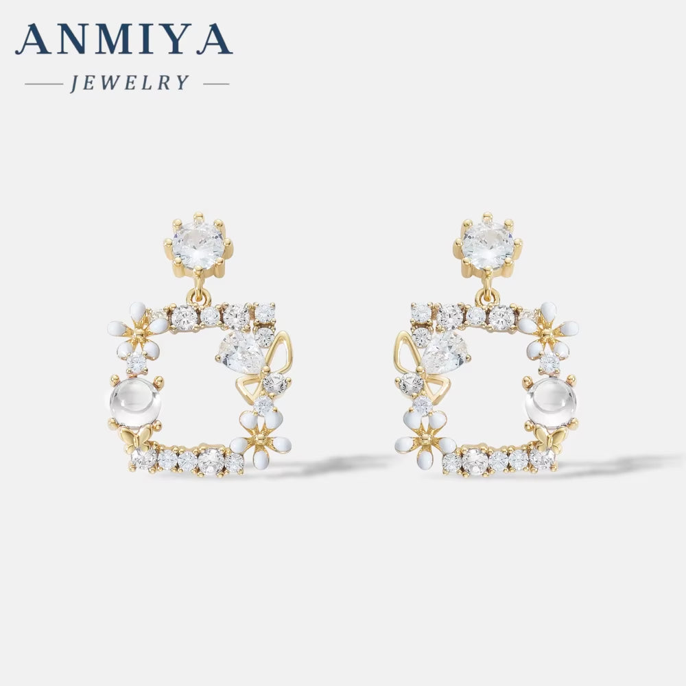 ANMIYA Fashion Earings Pink Flower Korean Butterfly Colour Fashion Sweet Flower 925 Silver Stud Earring for Women Jewelry Women