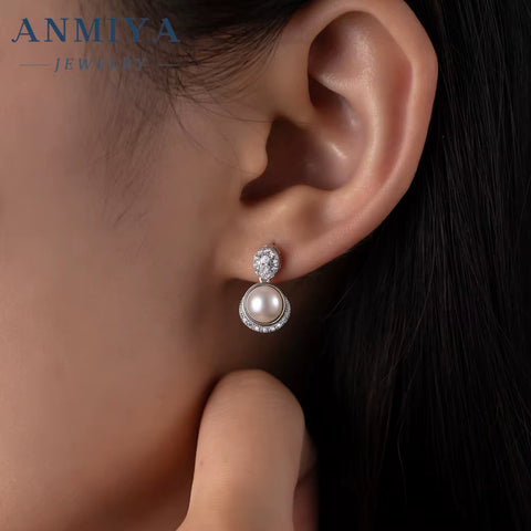 ANMIYA New Tide Water Drop Zircon Stone Pearl Fresh Water 925 Silver Girls Stud Earrings for Women Bridal