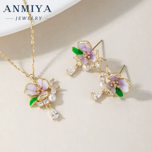 ANMIYA High Quality Summer Sweet Girls Cute Flower Pink Zircon 925 Silver Brand Necklace Earrings Sets