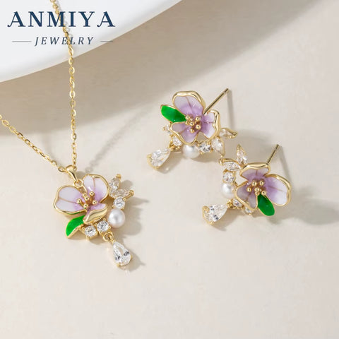 ANMIYA High Quality Summer Sweet Girls Cute Flower Pink Zircon 925 Silver Brand Necklace Earrings Sets