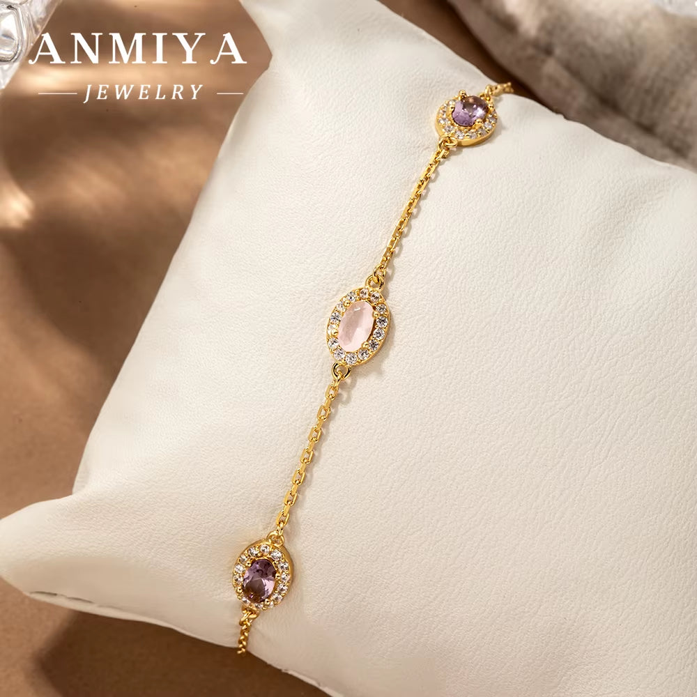 ANMIYA Custom Wholesale 925 Sterling Silver Zircon Bracelets Pink Zircon 18K Gold Link Chain Bracelets for Lovers