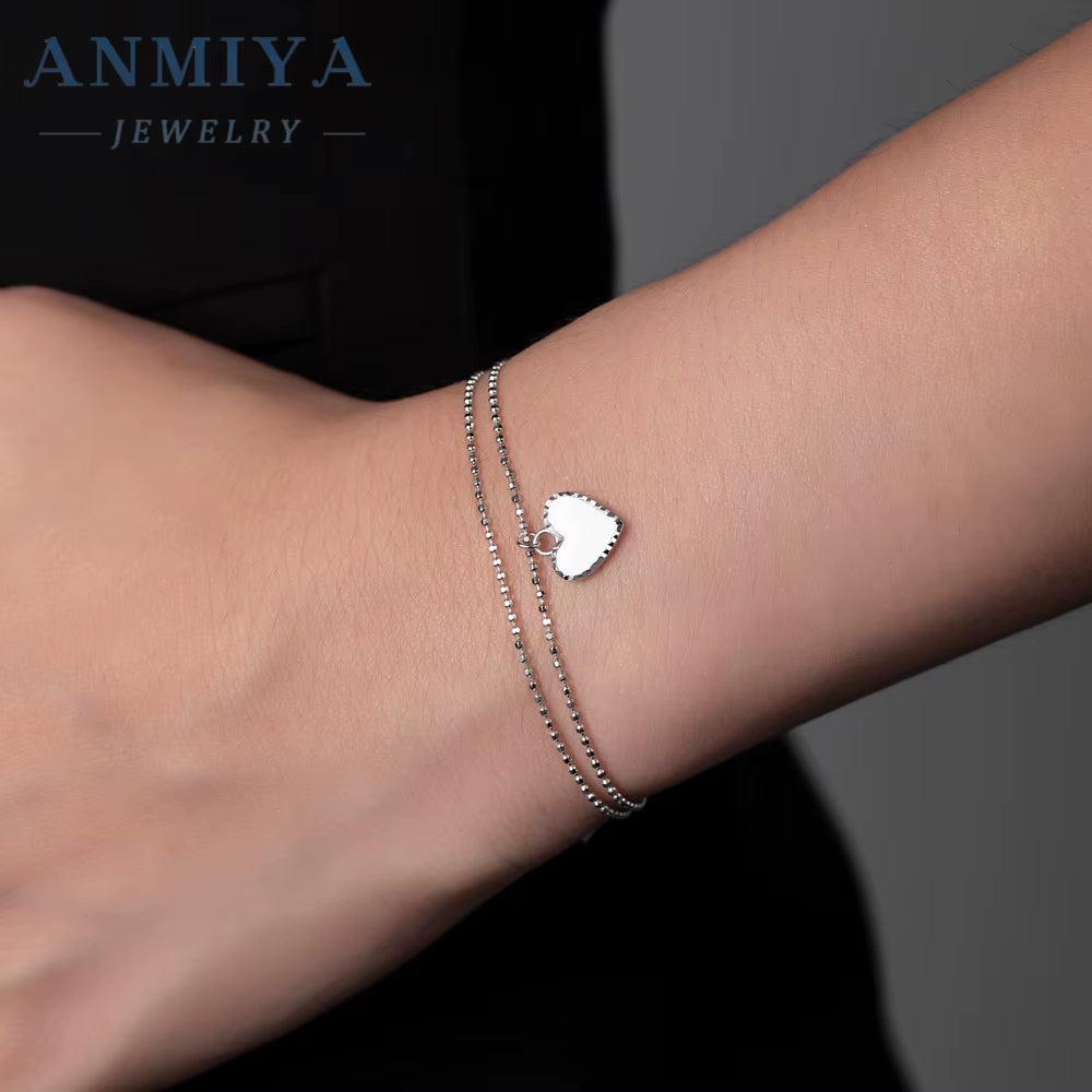 New Popular Fashion 925 Sterling Silver Heart with Cubic Zircon Charm Layered Bracelet Jewelry for Women
