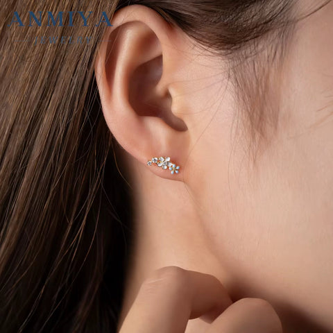 INS Summer Fancy Blue Flower Zircon 925 Sterling Silver Stud Earrings for Women Girls