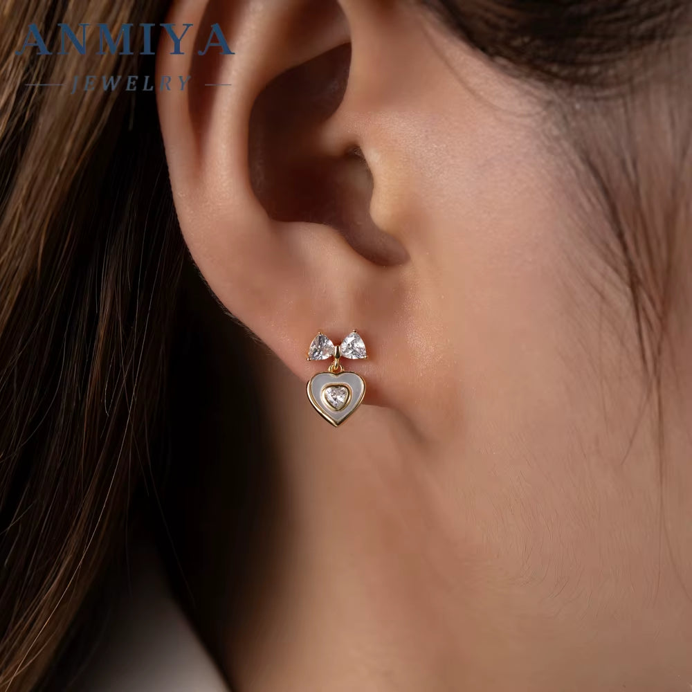 Hotsale 2024 Heart Bow Lovely Drop Earrings 925 Sterling Silver Zircon 18K Gold Filled Lady Sweet Heart Stud Earrings