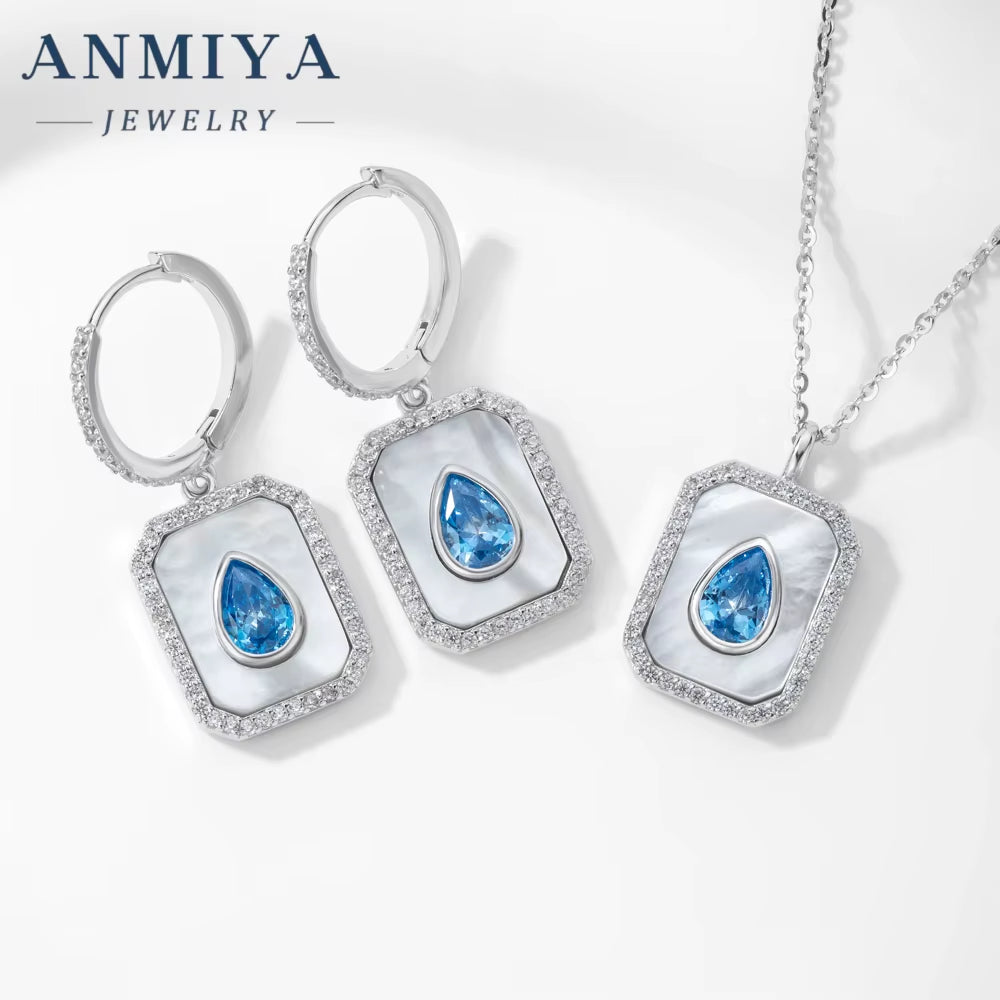 ANMIYA 925 Silver Square White Shell Blue Water Drop Zircon Hoop Earring and Necklace Jewelry Set for Gitf
