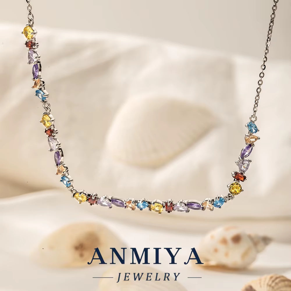 ANMIYA Accessory Jewelry 925 Sterling Silver Colored Zircon Heart Collarbon Necklaces for Bestfriend Jewelry