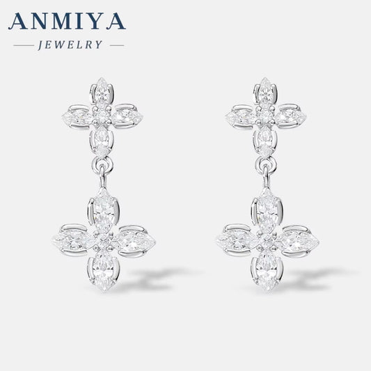 Hot Sale 925 Sterling Silver Four-Leaf Clover Flower Zircon Stud Earrings for Women Zircon Drop Earrings Jewelry