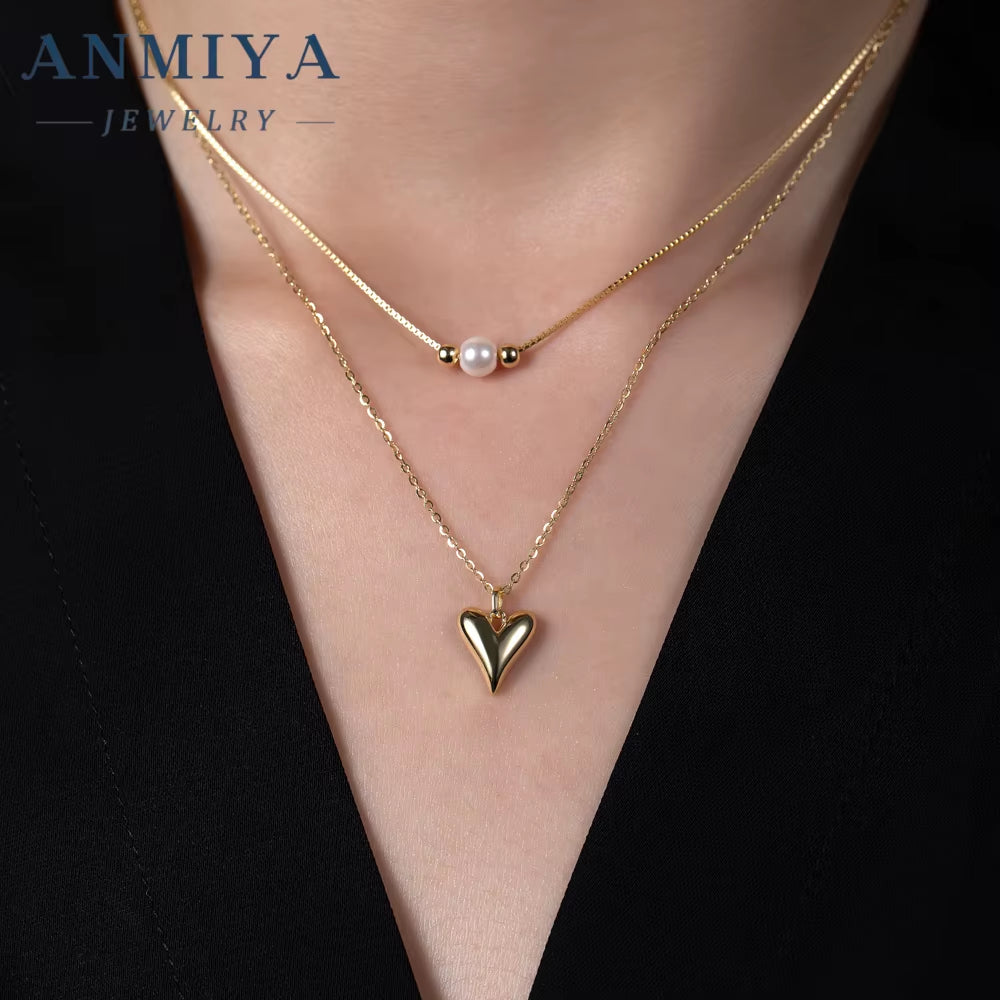 Fashionable Pearl Love Pendant 925 Silver Necklace Gold Plated Heart Double Layer Chain Necklace for Women Party Jewelry