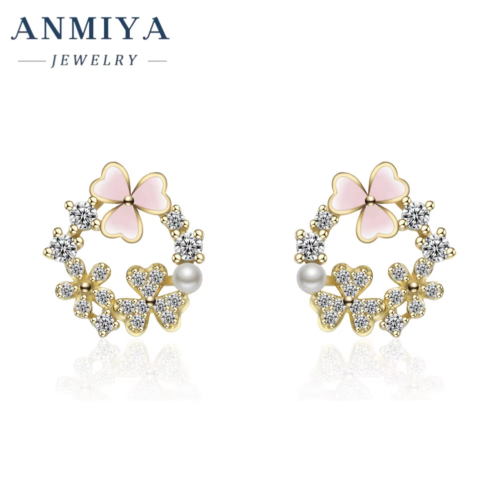 Summer Fancy Garland Pink Clover Pearl Zircon Ins Hot Sale 925 Silver Earrings for Gift