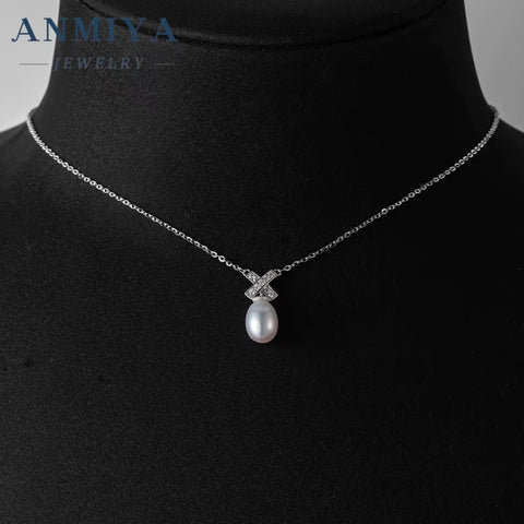 ANMIYA Crafted 925 Sterling Silver Designer Minimalist Fresh Water Pearl Zircon X Shape Fashion Pendent Necklace