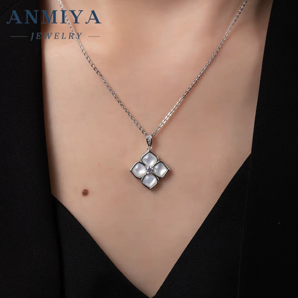ANMIYA Petal Four Leaf Clover Chalcedony Zircon S925 Silver Minimalist Earrings Necklace Set Jewelry