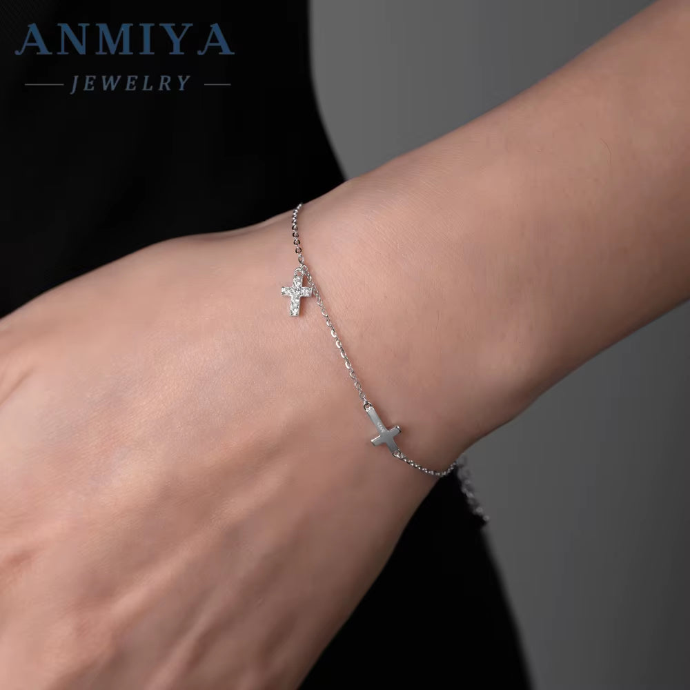 ANMIYA Design Trendy 18K Gold Plated 925 Sterling Silver Cross Charm with Zircon Bracelet Fine Jewelry Women Bracelet