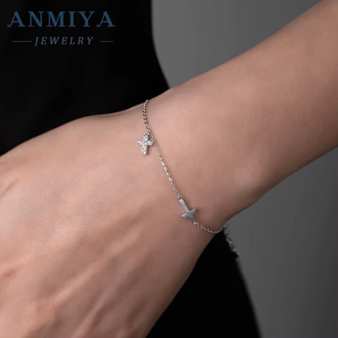 ANMIYA Design Trendy 18K Gold Plated 925 Sterling Silver Cross Charm with Zircon Bracelet Fine Jewelry Women Bracelet