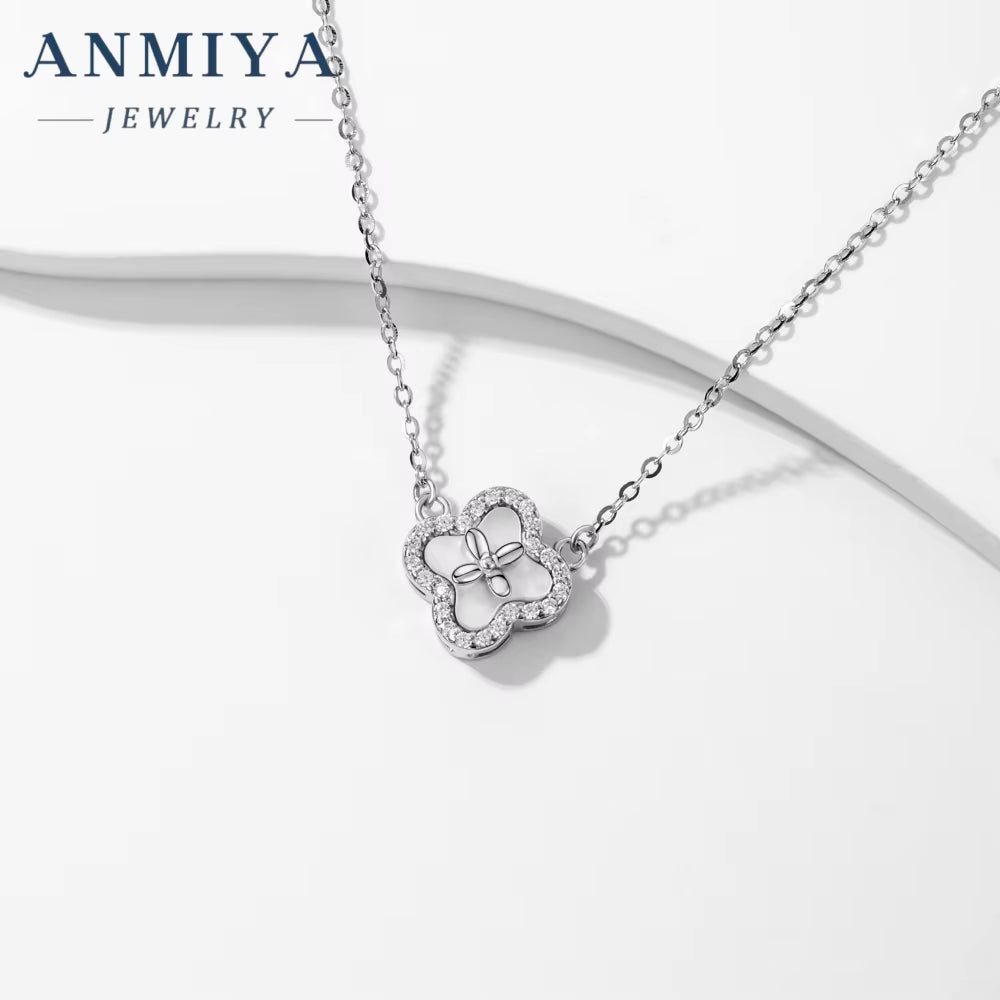 ANMIYA 925 Sterling Silver Fashion Zircon Plum Blossom Four Leaf Clover Silver Necklace for Bestfriend Jewelry Best Gift